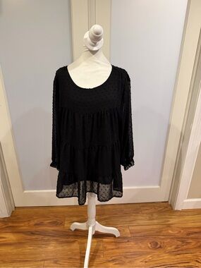 Black Swiss Dot Tiered Tunic Top - Women's Scoop Neck